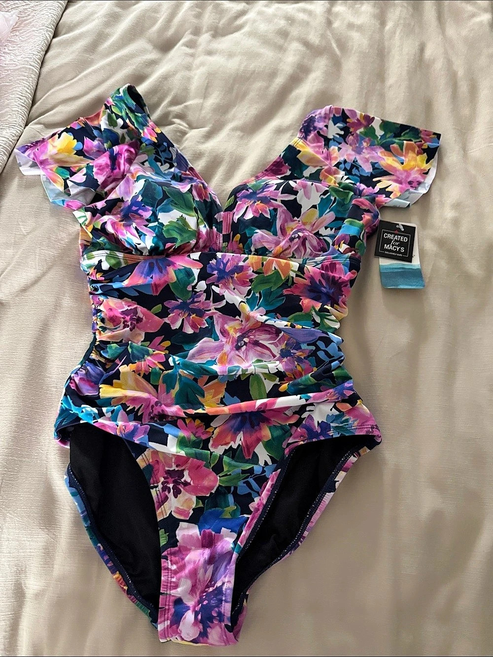 Created for Macy's Floral One-Piece Swimsuit in Blue & Pink NWT - Picture 3 of 7